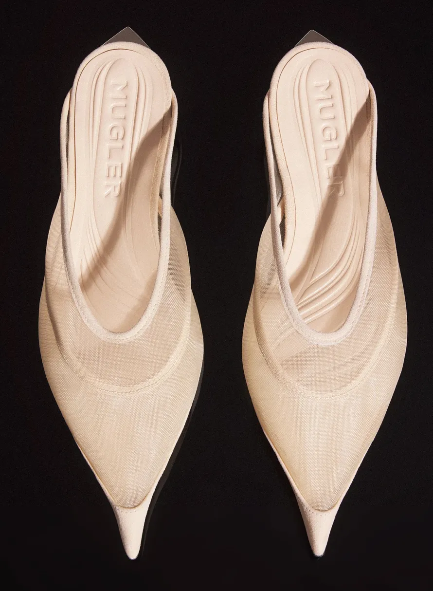 MUGLER tan mesh fang flat mules