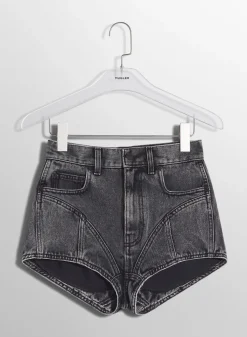 Women MUGLER washed black bi-material denim shorts