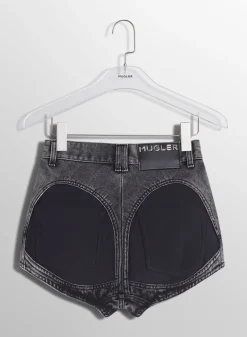 Women MUGLER washed black bi-material denim shorts