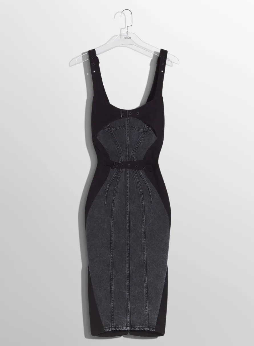 Women MUGLER washed black buckled denim dress