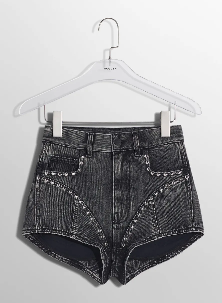 Women MUGLER washed black denim studded shorts