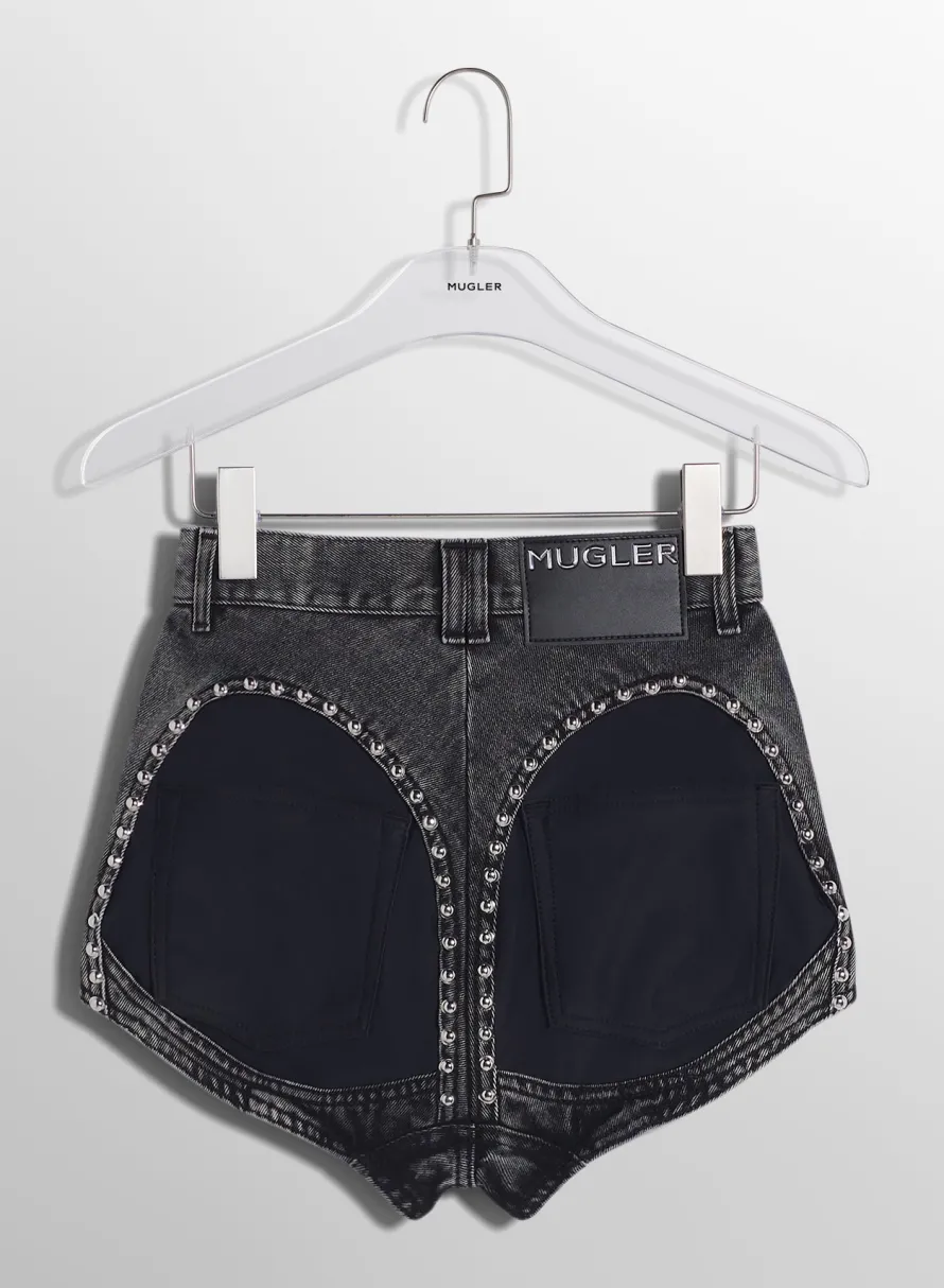 Women MUGLER washed black denim studded shorts