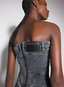 Women MUGLER washed black spiral denim bustier